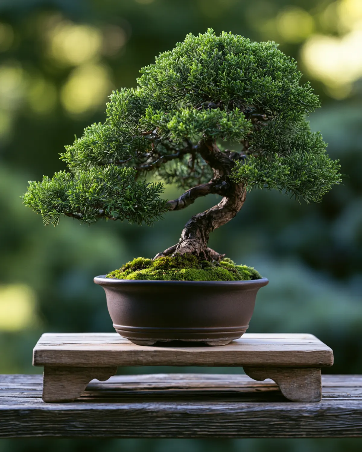 A bonsai on a display bench
