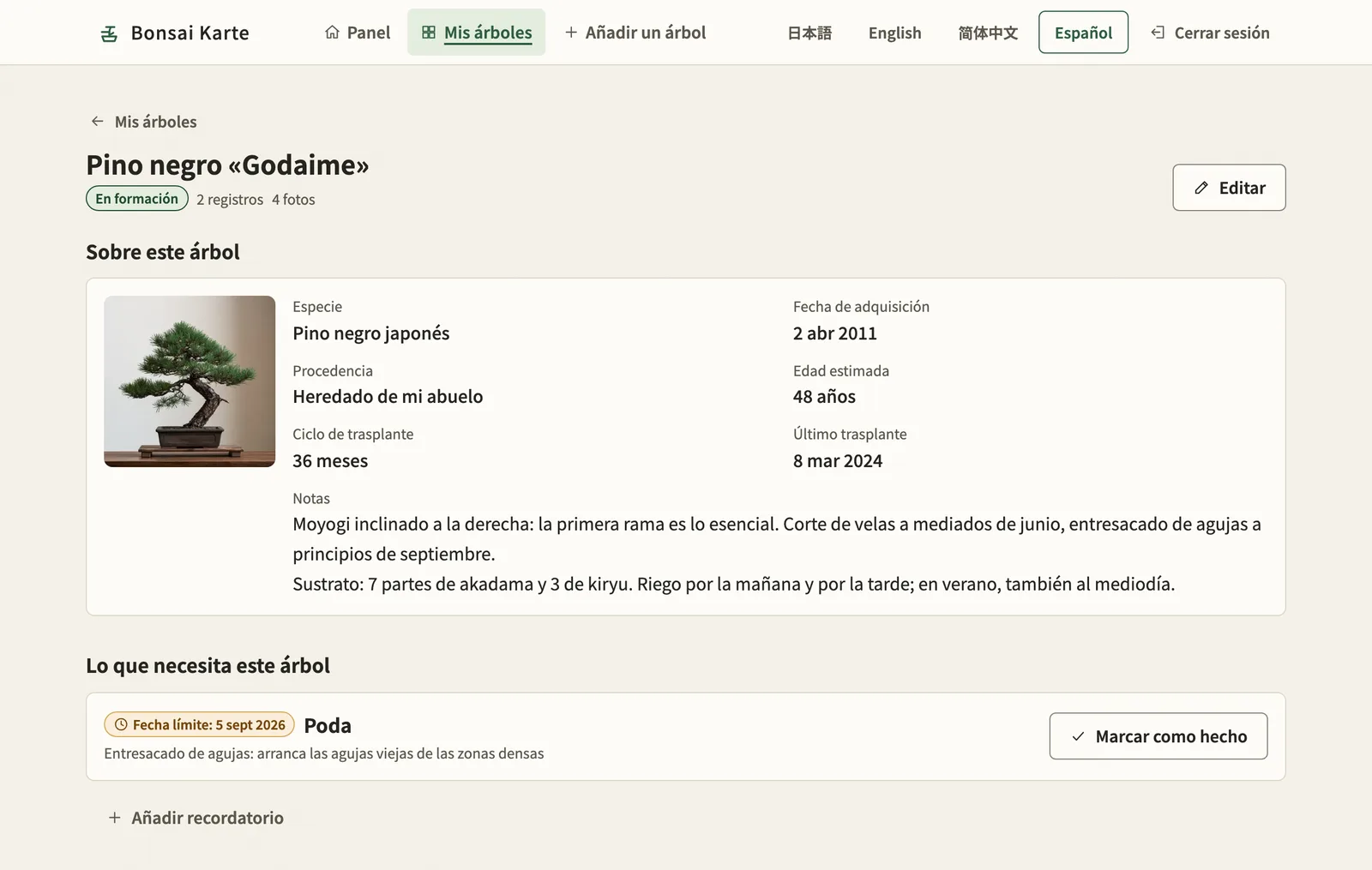 La ficha de un árbol, con sus datos, lo que toca hacer y el historial de trabajos.
