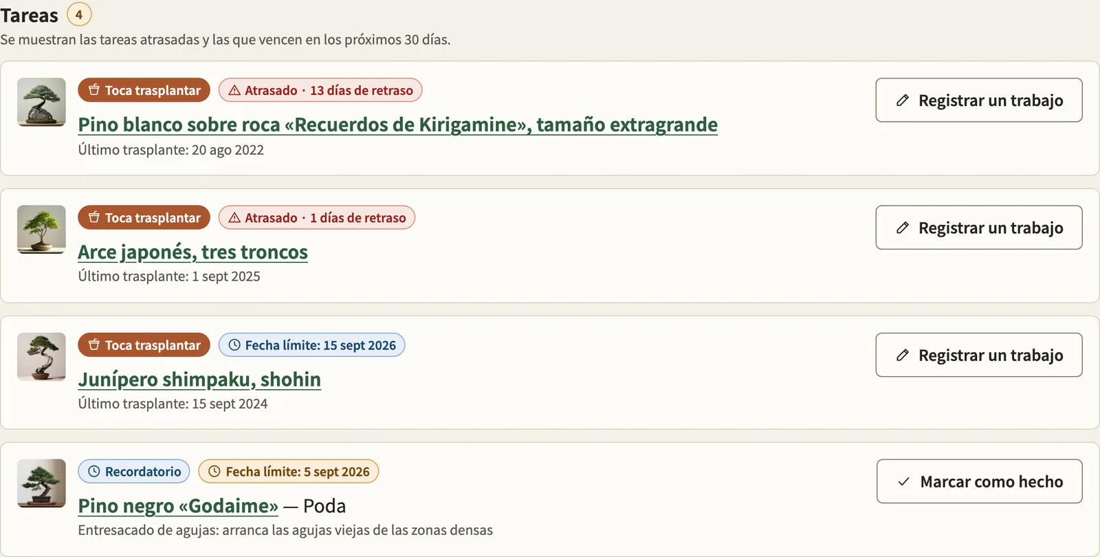 La lista de tareas del panel, cada una con su fecha de trasplante.